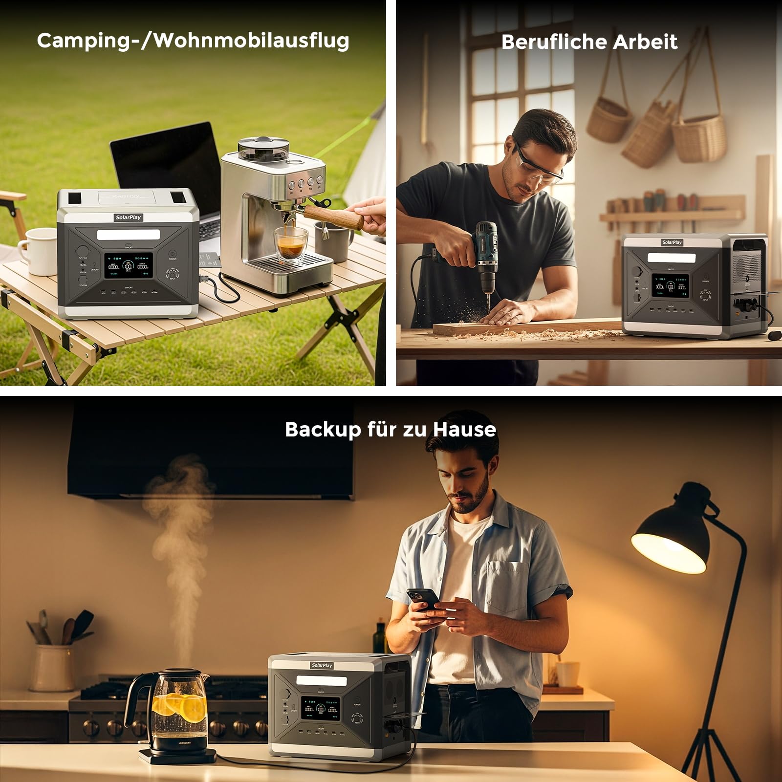 SolarPlay Q2501 Tragbare Powerstation, Solar Generator 2160Wh LiFeP04-Akku mit 2X 2400W AC 4800W Peak),100W USB-C Ausgang, 230V,1.5h Vollladen, Power Station für Camping/Wohnmobil/Notfall