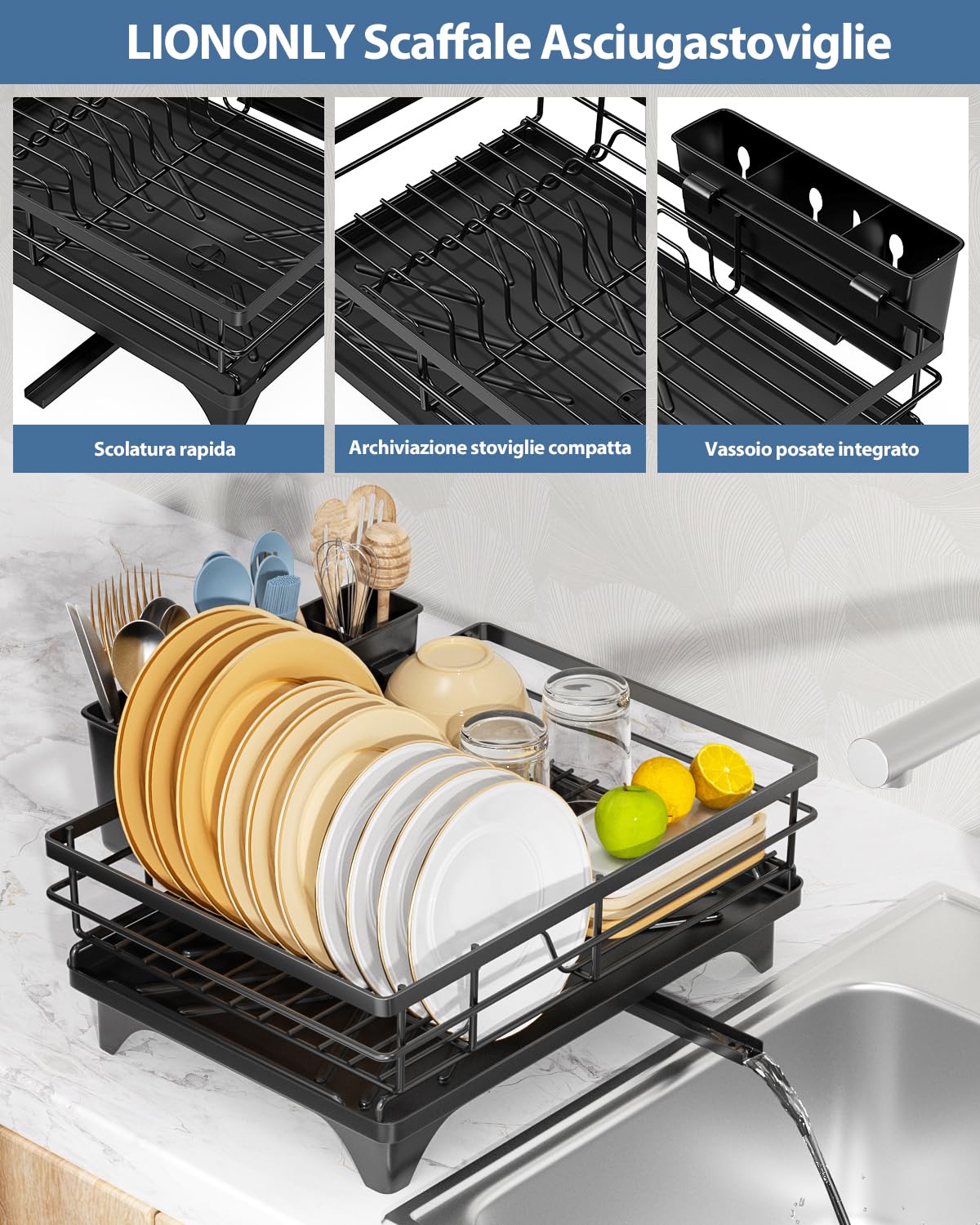 Escurreplatos Que Ahorra Espacio, Escurridor de Platos Escurreplatos de Acero Inoxidable escurreplatos sobre Fregadero Escurridor de Platos con Drenaje Automático