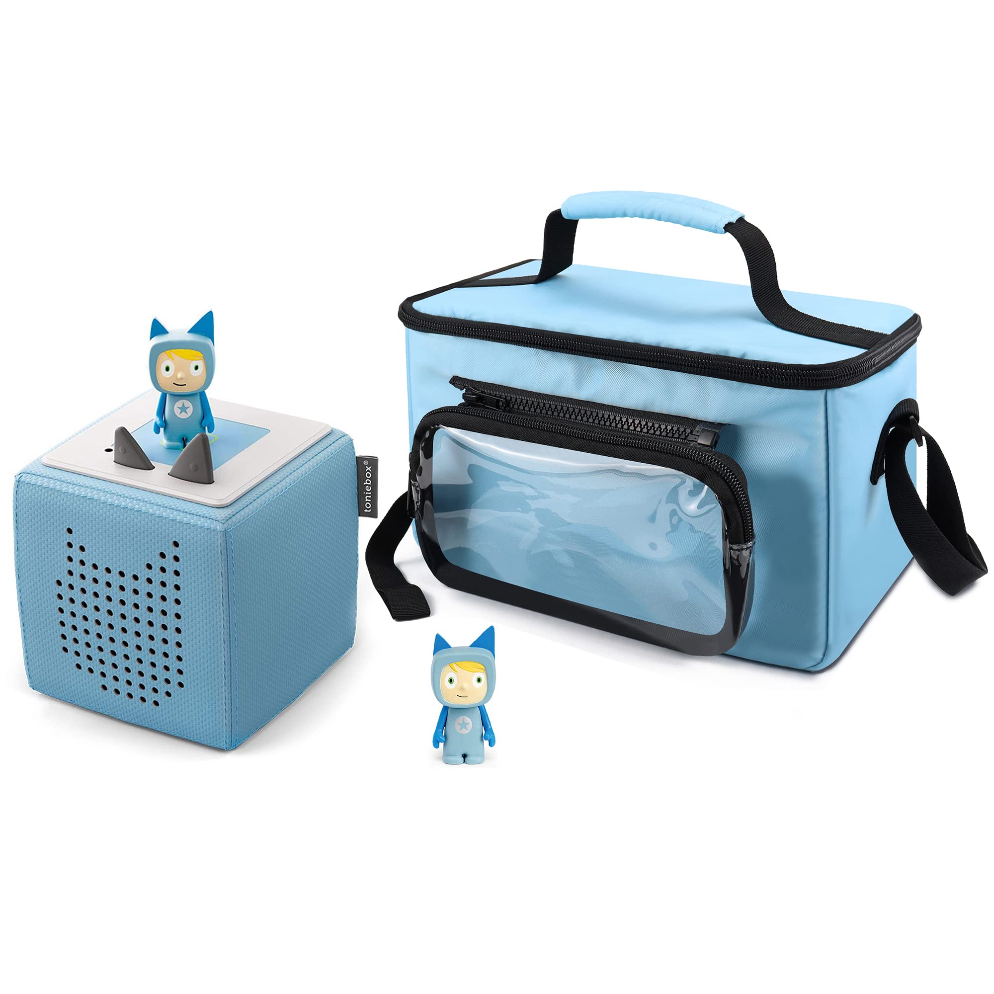 Carrying Case for Toniebox, with Detachable Clear Bag for Tonies Characters UK, Kids Audio Book Headphones Holder, Gifts for Boys, Blue