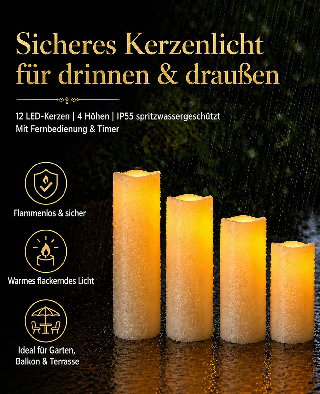 LED Outdoor Kerzen 12 Stück mit Fernbedienung, Wasserdichte Batteriekerzen IP55 mit Timer & Flackerndem Warmweiß Licht, Flammenlose Kerzen für Garten, Balkon, Laterne, Hochzeit & Weihnachten