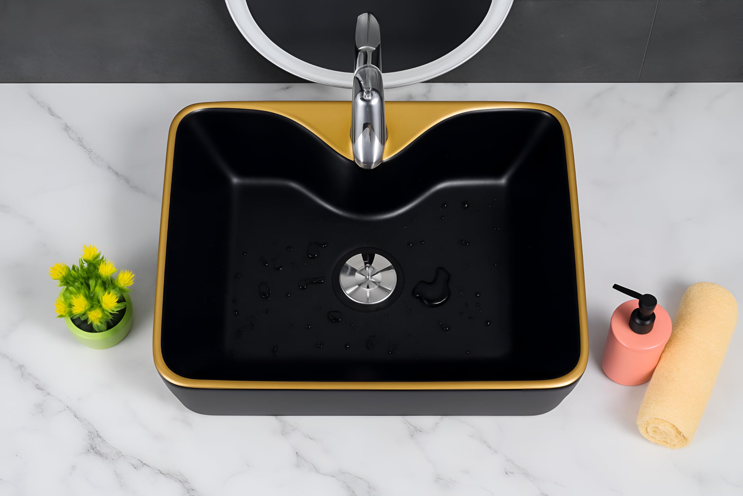 SEA SHORE Imported Ceramic Table Top Wash Basin β Over Counter Slim Rim Vessel Sink for Bathroom & Living Room (20 x 15 x 5.5 Inch, Black & Gold Border) 1