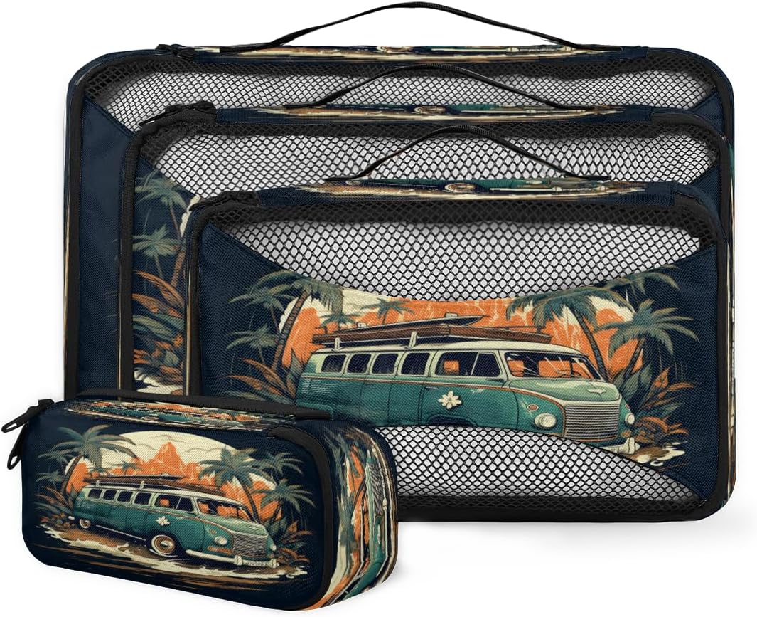 Palm Trees Bus Pattern 4 Set Packing Cubes Packing Cubes for Women Lightweight Travel Essential Bag Clothes Carry on Suitcase Bags for Accessories Essentials