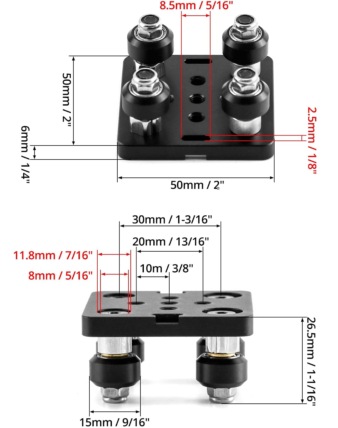QWORK Small V-Wheel Plate, 2 Pack V-Slot Gantry Rod Plate with Wheel, for 2020 Aluminum Profile, CNC and 3D Printer Parts Black Wheel
