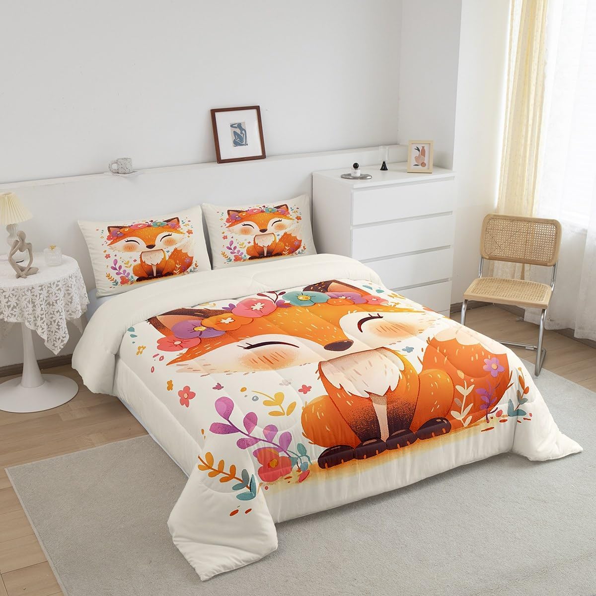 jejeloiu Full Size Fox Bedding Set Boys Girls Cartoon Fox Comforter Set for Kids Women Men Ultra Soft Nature Wildlife Floral Duvet Quilt Room Decor Breathable Soft Lightweight Microfiber image 3