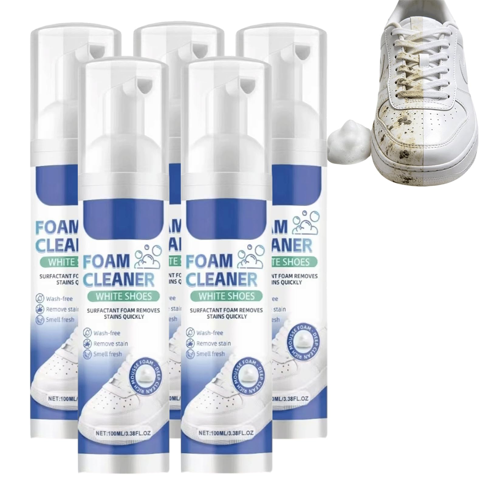 Weißer Schuhreinigungsschaum, wasserloser, spülfreier, schäumender Schuh-Reiniger, trocken abwischbarer Schuh-Reinigungsschaum, Chaussure Whitener für Turnschuhe, Instant-Fleckenentferner (5 stücke)