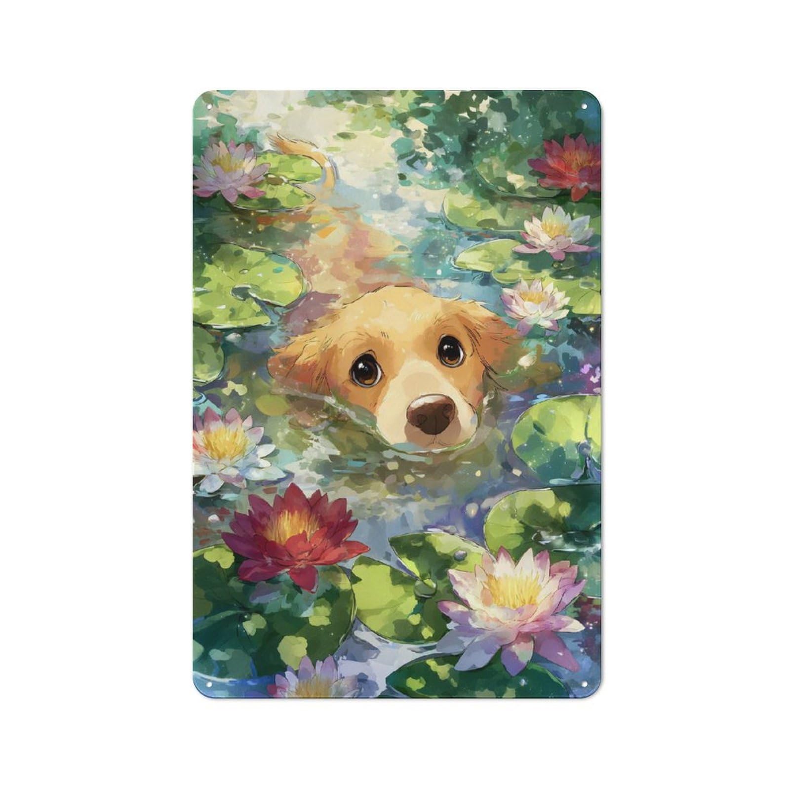 Junmoney Labrador Dog In Water Lilies Pond Retro-Style Tin Sign 30X20cm For Guest Room Or Hallway, For An Autumn Update To Guest Room And Hallway