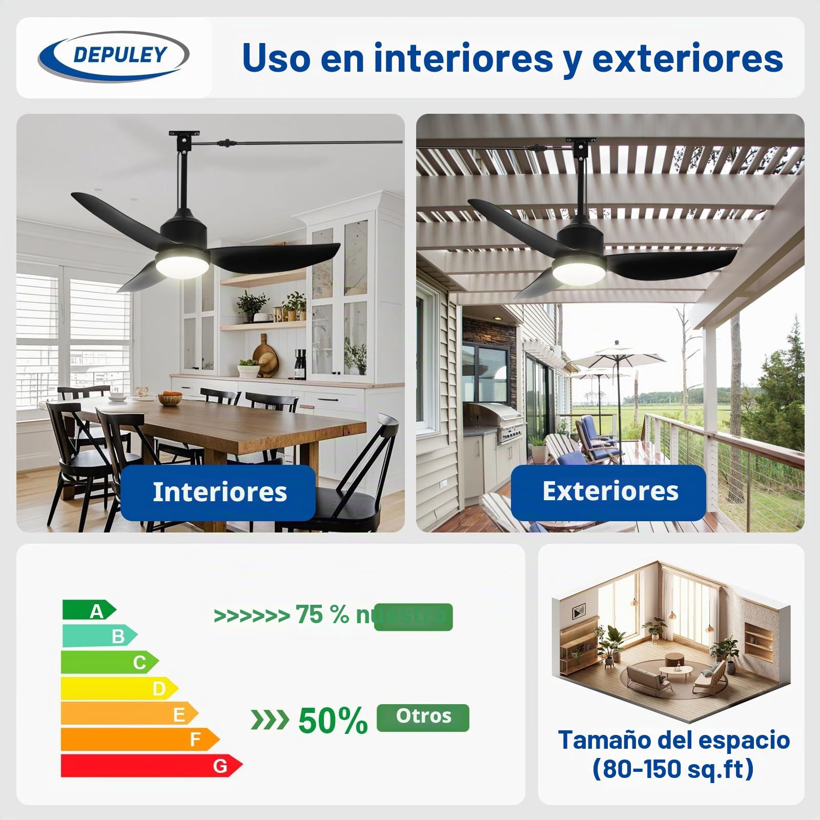 Depuley Ventilador de techo para exteriores con luz: Ventilador colgante negro de 42" para cenador, resistente al agua - Ventiladores enchufables para exteriores para patios con mando a distancia APP