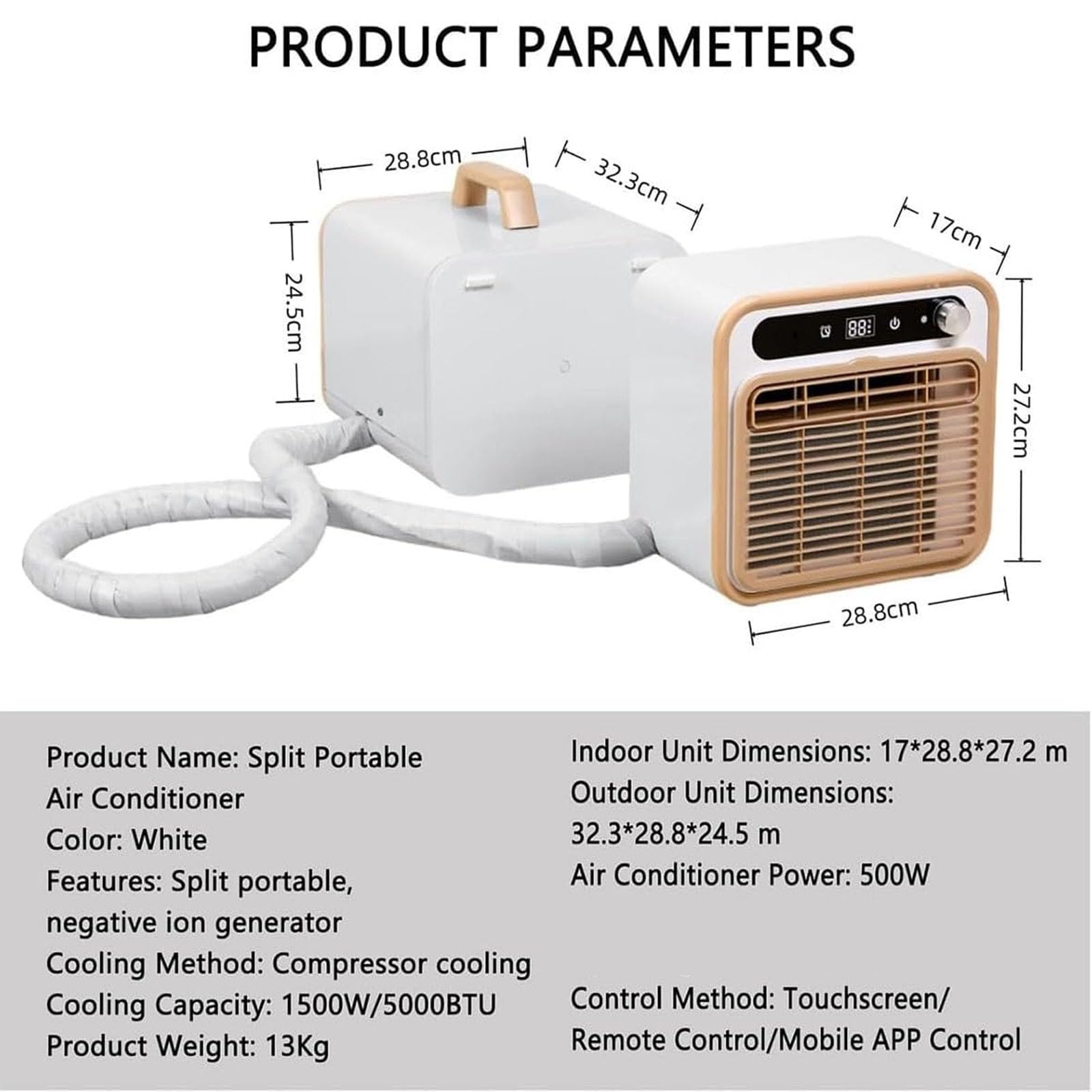 Condizionatore Daria Portatile Split da 5000 Btu, 1500 W, Silenzioso, Ideale per Campeggio, con Pannello Touch E Telecomando, Timer di 12 Ore E Flusso Daria di 130 M³/h, per 2m Tube