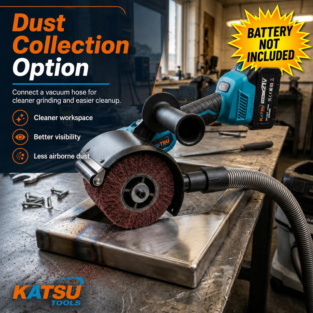 KATSU Tools Levigatrice a tamburo senza fili da 18 V, motore brushless, velocità variabile, spazzola Ø120 mm, brunitura e lucidatura per legno, metallo e altro, batteria non inclusa, modello 102714