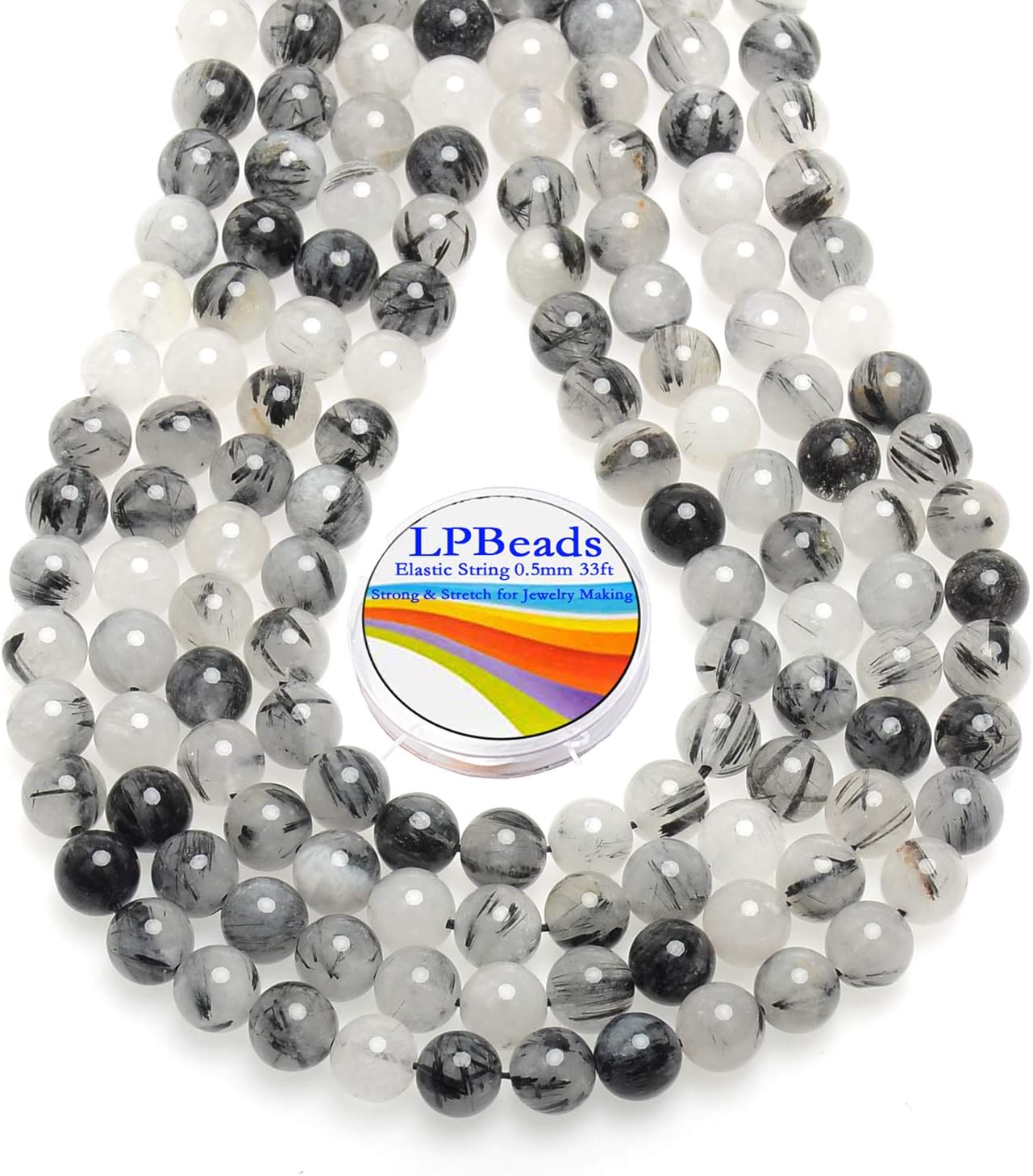 LPBeads 100pcs Polished 8mm Round Natural Black Rutilated Quartz Gemstone Loose Beads with Stretch Cord for Jewelry Making Bracelets