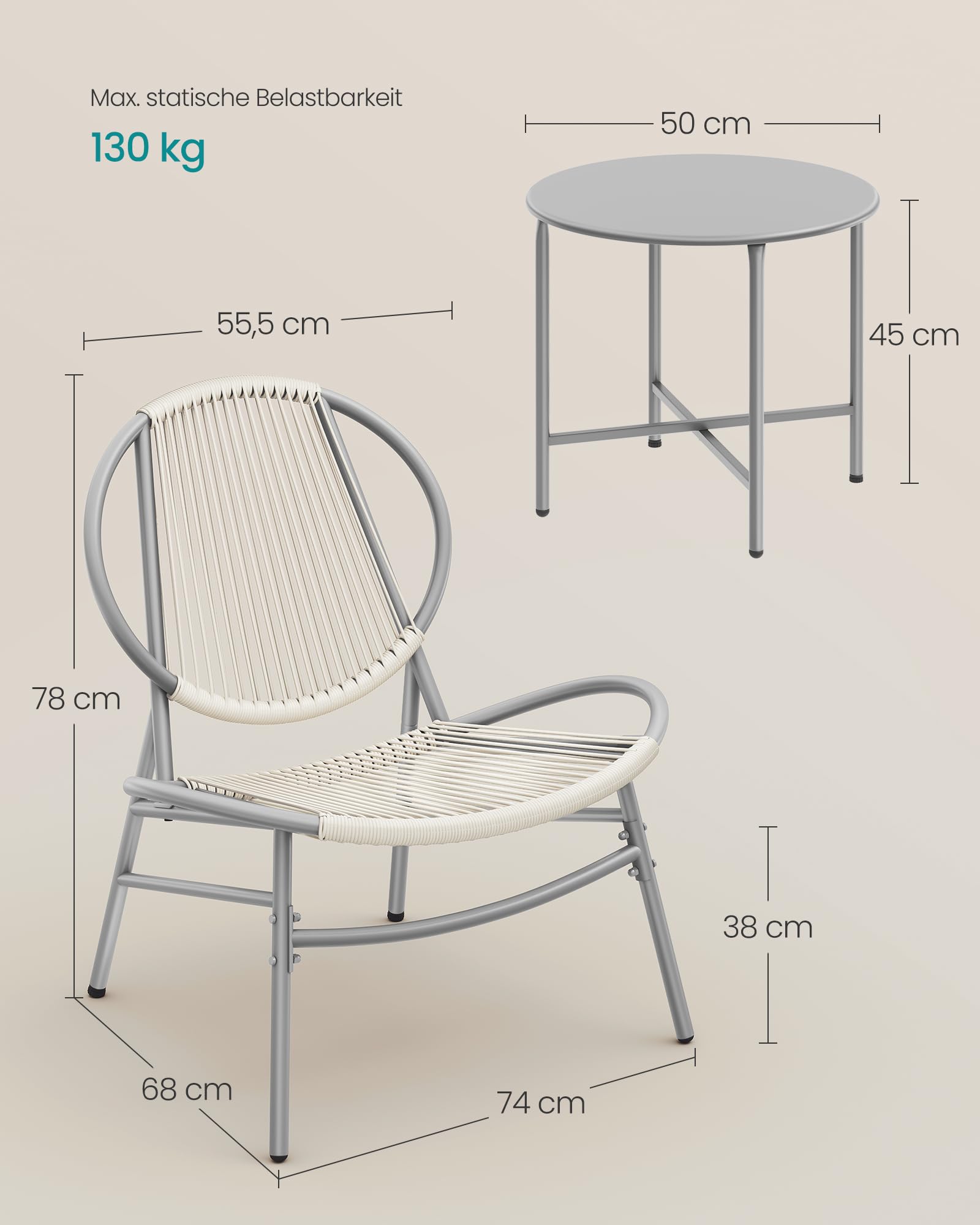 SONGMICS Balkonmöbel, 3er Set, Gartenmöbel-Set, aus PE-Polyrattan, Outdoor, mit Tisch, 2 Stühlen, für Terrasse, Garten, Balkon, Taubengrau GGF021GZ01