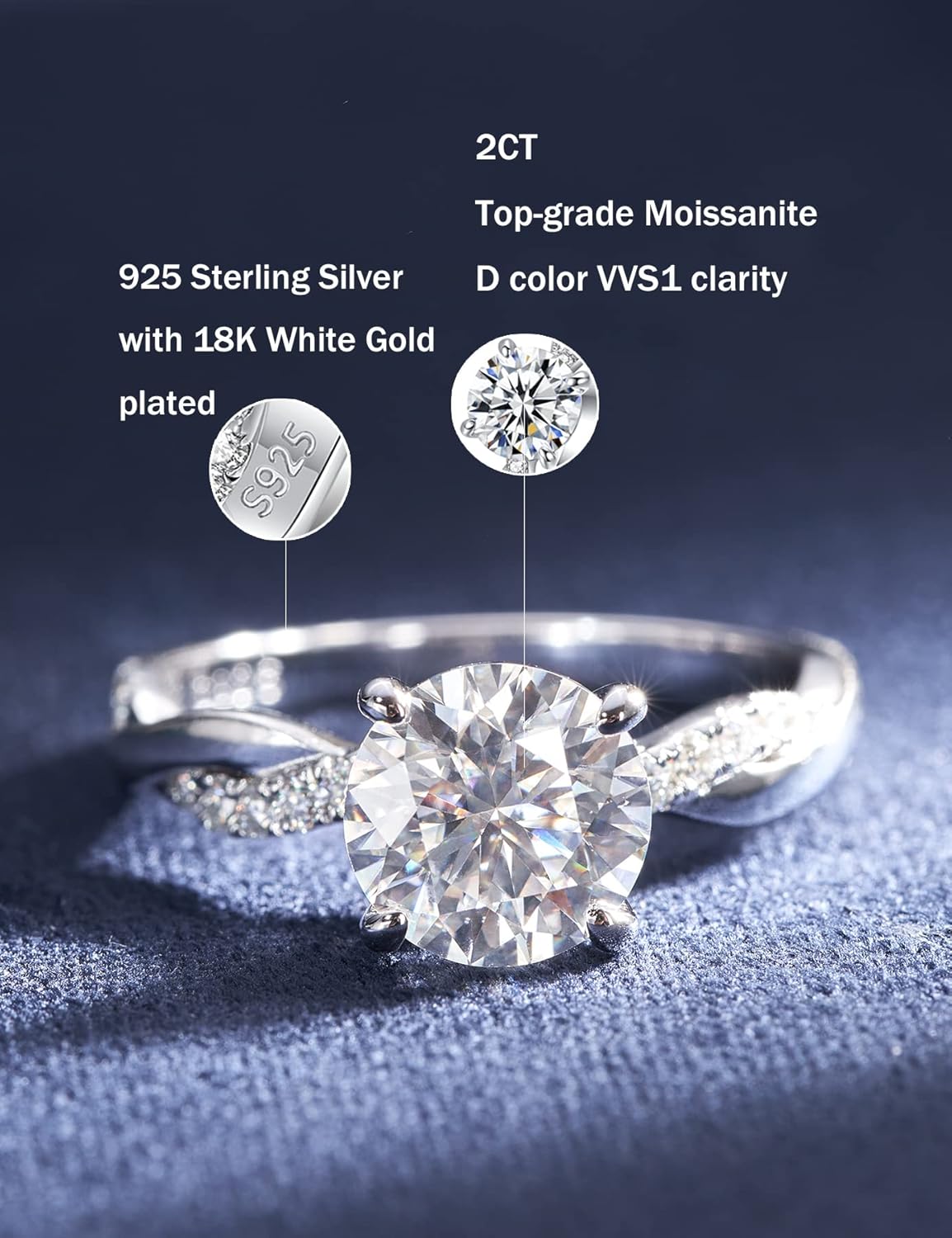 IMOLOVE Moissanite Wedding Engagement Ring for Women Twisted Rope Wedding Rings for Women Moissanite Rings for Women 1-2CT D Color VVS1 Clarity Promise Ring for Her with 18K Gold plated Size 4-11 - Image 2