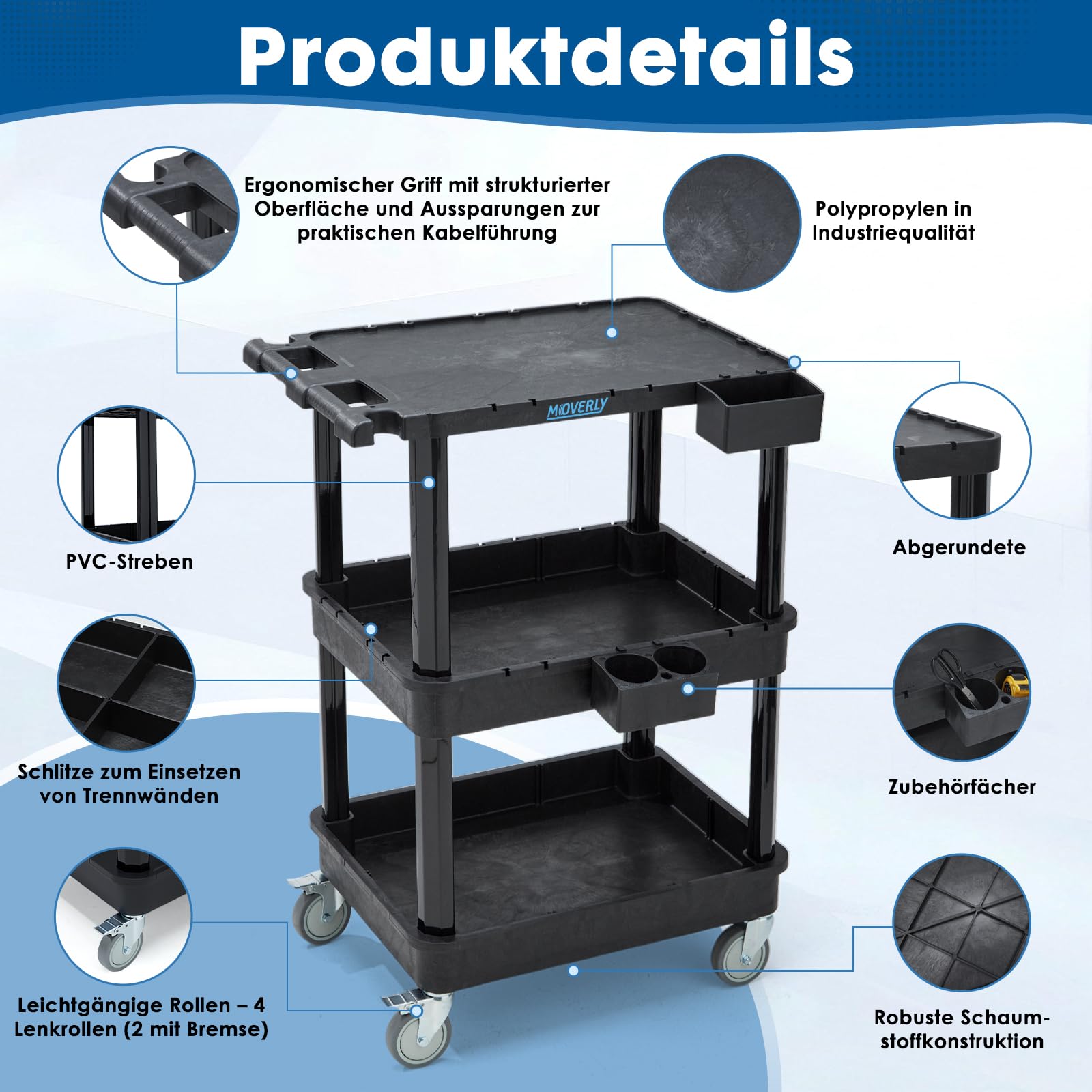 3-stufiger Rollwagen mit Flacher Ablage & tiefen Regalen, 70 x 46,4 cm, Kunststoff-Mehrzweckwagen mit 10 cm Rollen, 150 kg Tragkraft – für Büro, Werkstatt, Lager geeignet