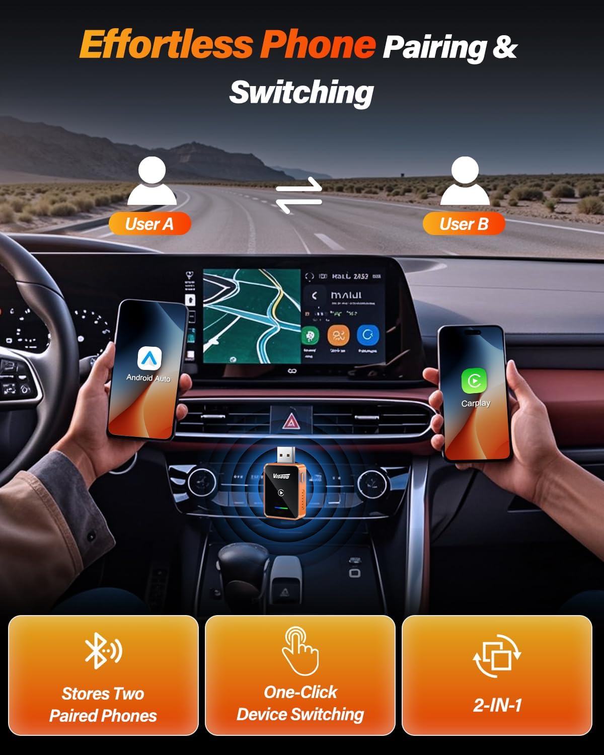 2026 Wireless CarPlay & Android Auto Adapter, One-Click Switch, 3s Auto Reconnect, A9 Chip, Bluetooth 6.0, 5.8GHz WiFi, Plug & Play, with USB-C & Right-Angle Cables