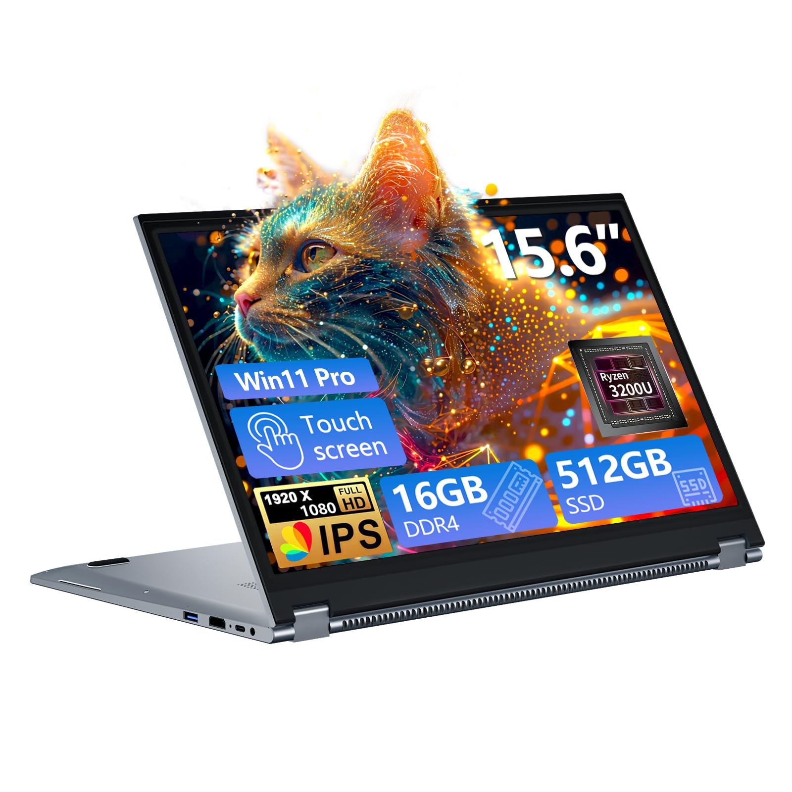 Ordinateur Portable 15,6 Pouces 2-en-1 - PC Portable Win 11, 16Go RAM 512Go SSD, Laptop avec Processeur Ryzen 3 3200U, Écran Tactile IPS FHD 360° Rotation, Graphiques Radeon, Léger avec RJ45 Type-C - 1