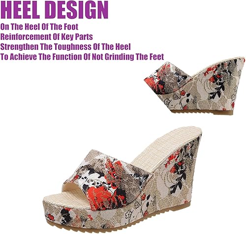 Miniatura 5 de DirraBra Sandalias de tacón de cuña con fondo grueso y diseño de flores para mujer, sandalias antideslizantes con boca de pez, cómodas pantuflas
