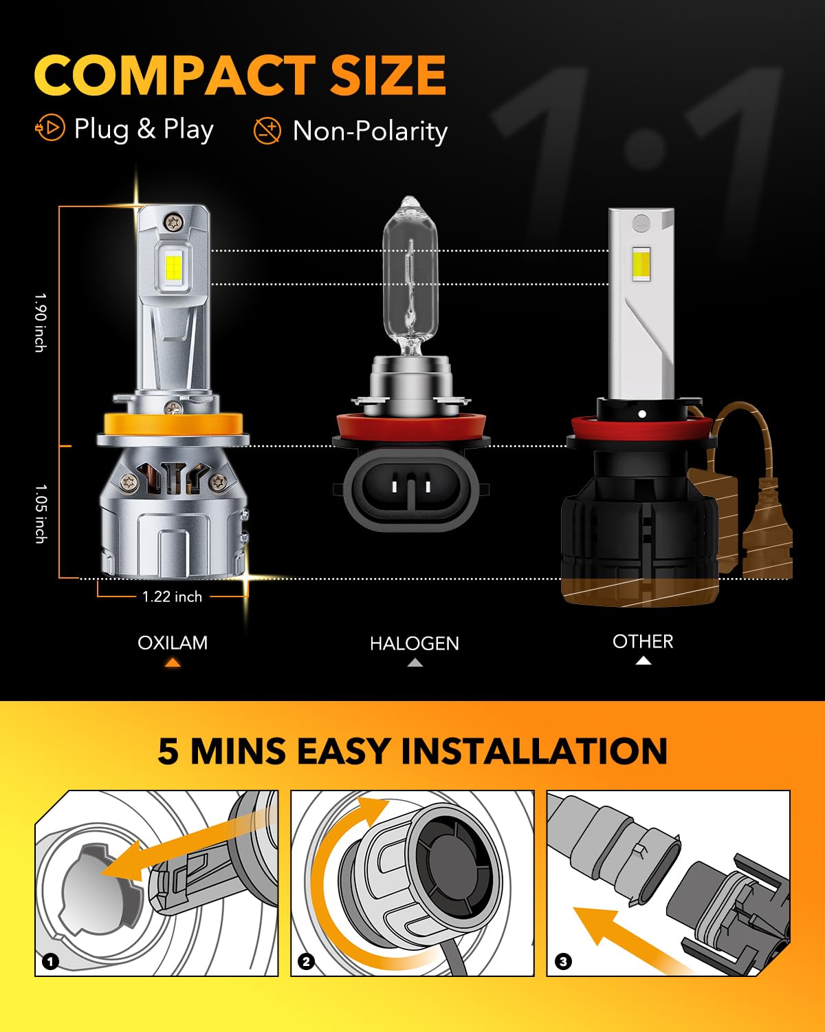 OXILAM Bombillas halógenas H11/H8/H9, 36000 lm, 6500 K, luz blanca fría, reemplazo halógeno, instalación en 5 minutos, plug and play, IP68, paquete de 2
