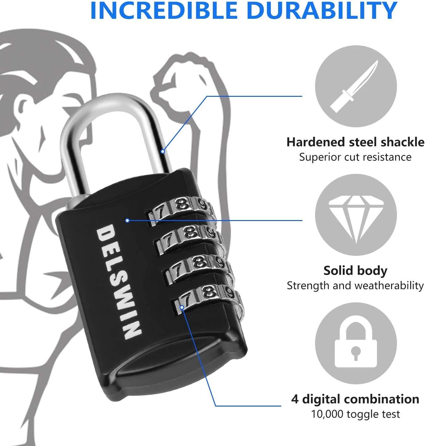 DELSWIN Small Combination Lock for Locker, 4-Digit Mini Combo Lock for Backpack and Luggage, Combination Padlock for School Gym Locker (Pack of 4)