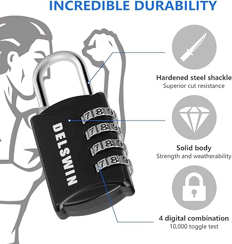 Miniatura 4 de DELSWIN Cerradura de combinación pequeña para taquilla, mini cerradura combinada de 4 dígitos para mochila y equipaje, candado de combinación para