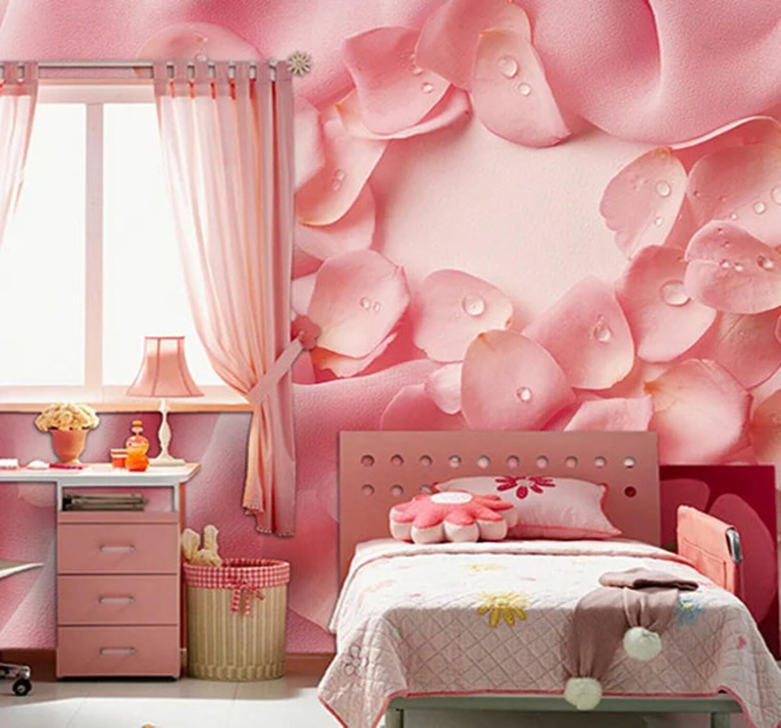 Wallpaper-3D-Xlm 250Cm×170Cm(B×H) Elegant Romantic Pink Roses Silk 3D Wallpaper Easy Install Feature Office Living Room Sofa Bedroom Tv Background Wall Decoration-250Cm×170Cm