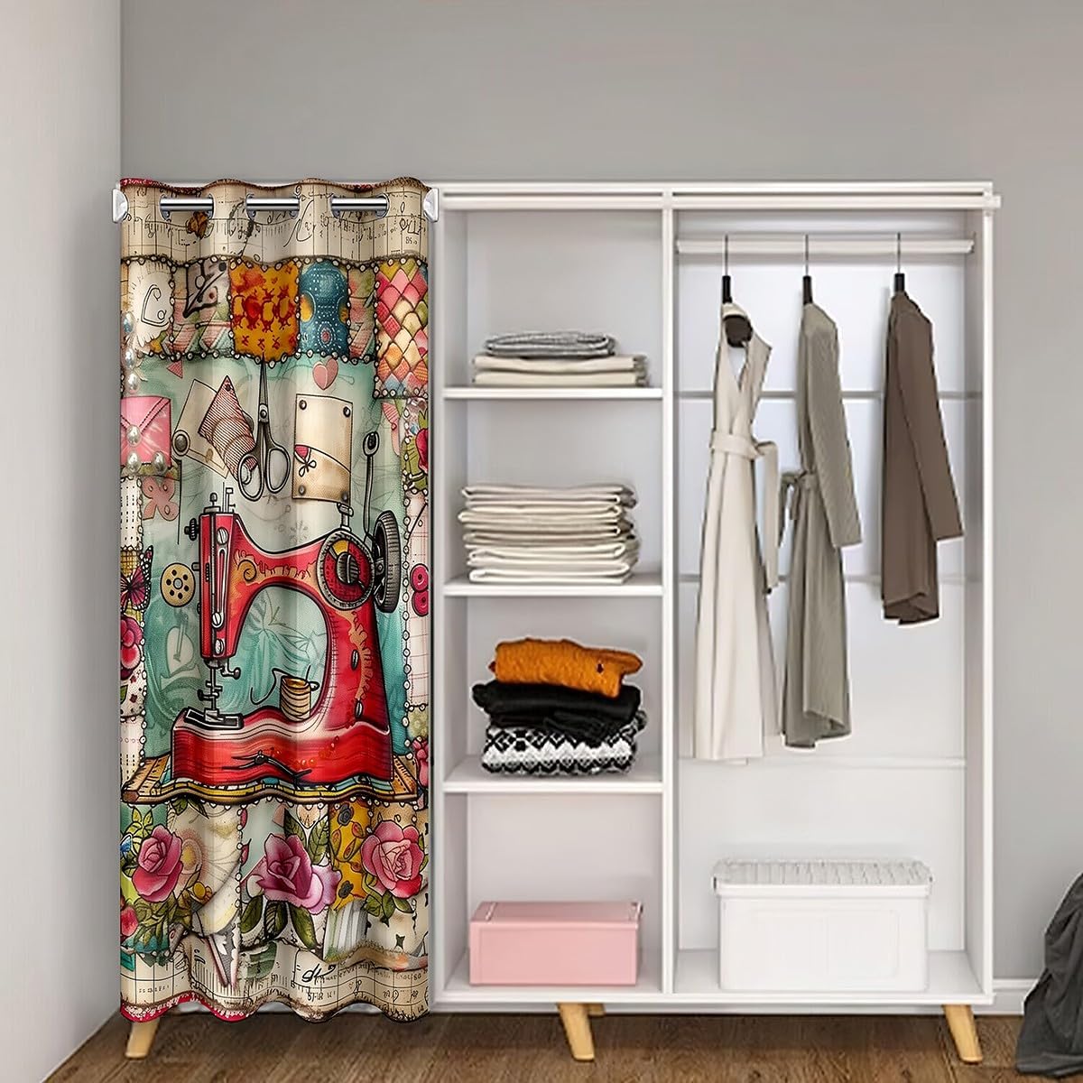 Red Sewing Machine Doorway Curtain,Retro European Sewing Theme Door Cover Curtain,Rustic Western Flowers Vintage Brown Patchwork Blackout Door Curtain for Bedroom, 80"×34" 1 Panel
