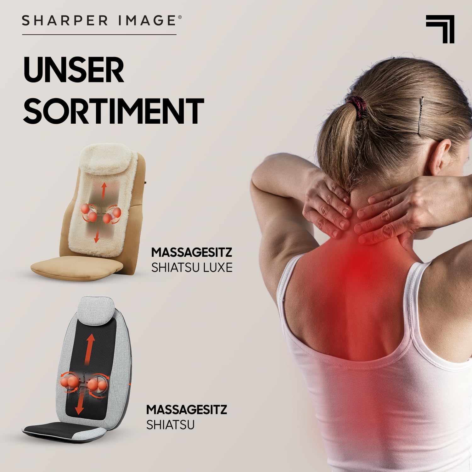 SHARPER IMAGE - Shiatsu Massage-Sitzauflage mit 4 Köpfen - Ultraweiche Polsterung - Wie echte Hände - Entspannung - Selfcare - Elektrisches Massagegerät mit Wärme