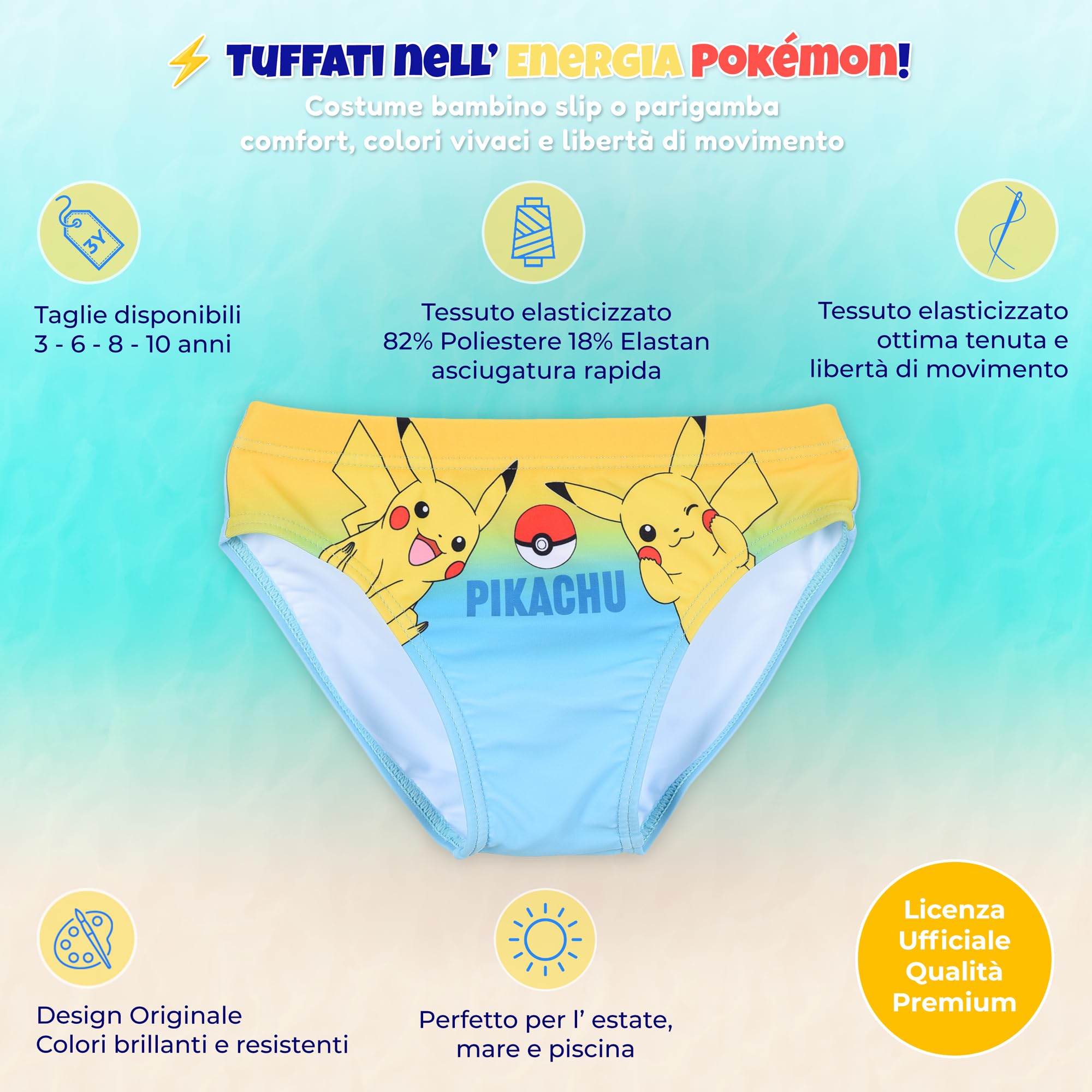Pokémon Costume Mare Bambino Boxer Slip Parigamba Ufficiale Pantaloncino Surf o Costume Piscina Elastico 4-10 Anni Estate Mare - 3