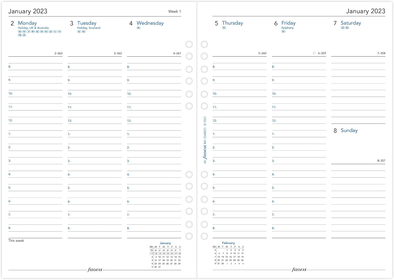 Filofax A5 Week on two pages English multi-fit 2023 diary, White (Pages for Diary in the form of paper)