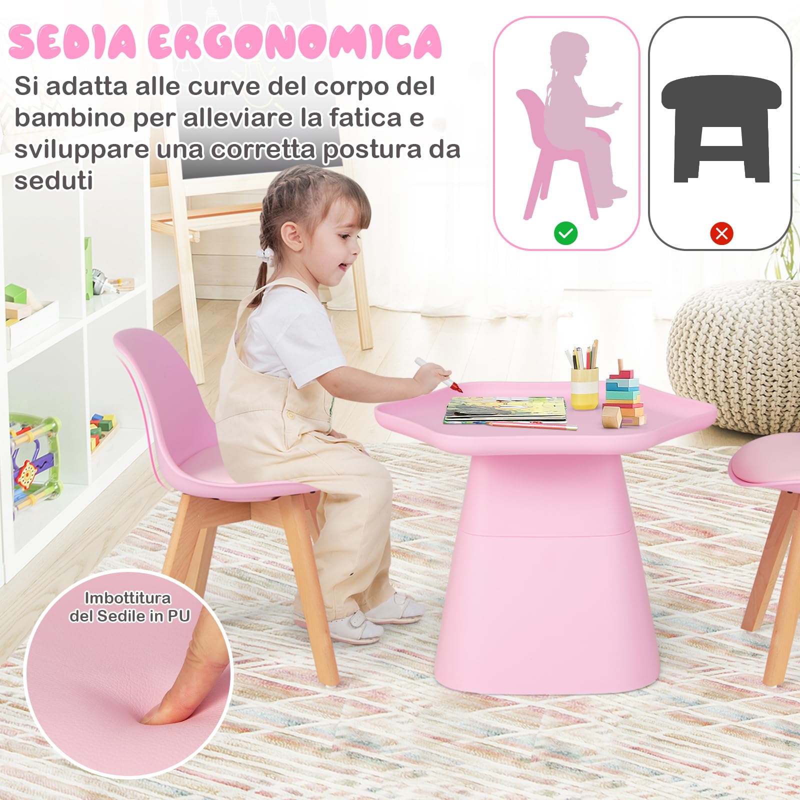RELAX4LIFE Set Tavolo e Sedie Bambini 3 Pezzi Tavolino 2 Sedie Gambe Legno Faggio Seduta Similpelle 2 cm