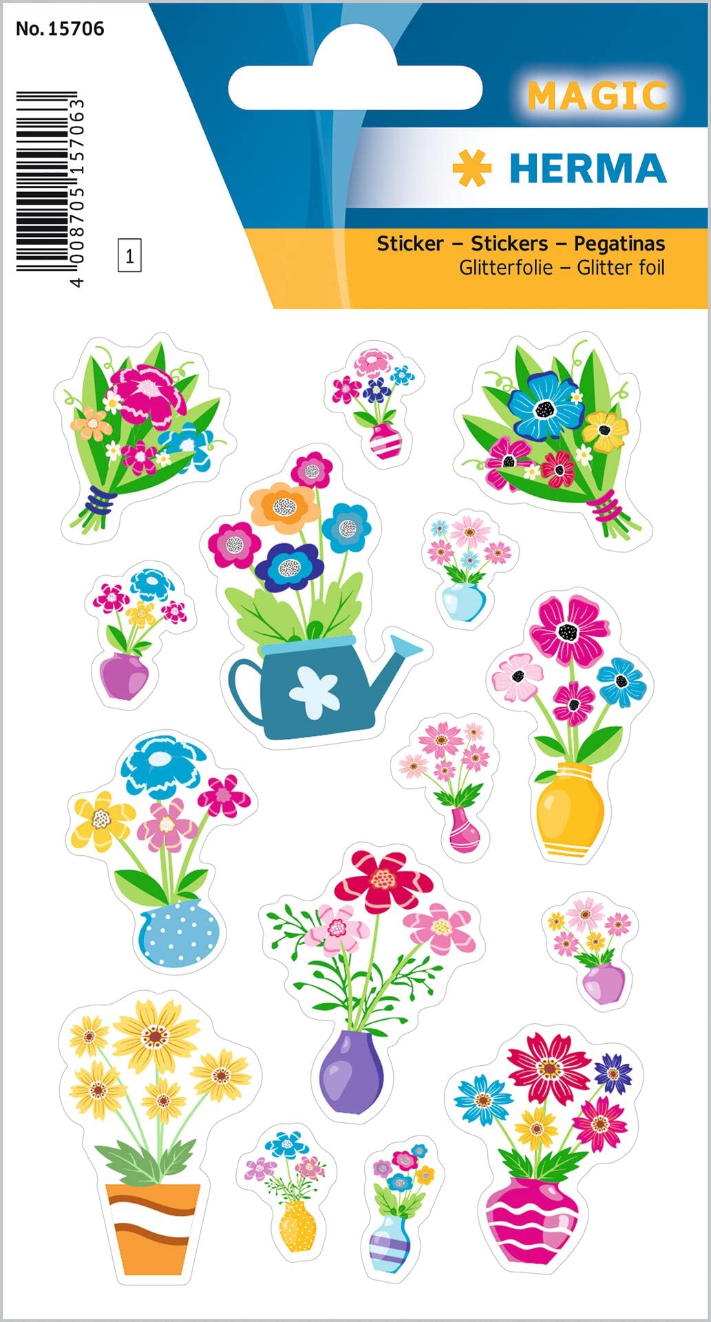 HERMA 15706 Glitter Film Stickers for Children, Flowers (15 Stickers, Foil, Glittery) Self-Adhesive, Permanent Adhesive Motif Labels for Girls and Boys, Colourful