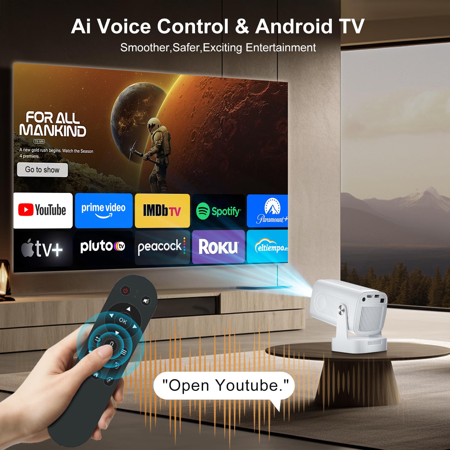 Projecteur intelligent avec Wi-Fi et Bluetooth 5.4, SALANGE 1080p natif 4K, projecteur à courte portée avec applications intégrées, Android 11, mini proyecteur portable HY260pro