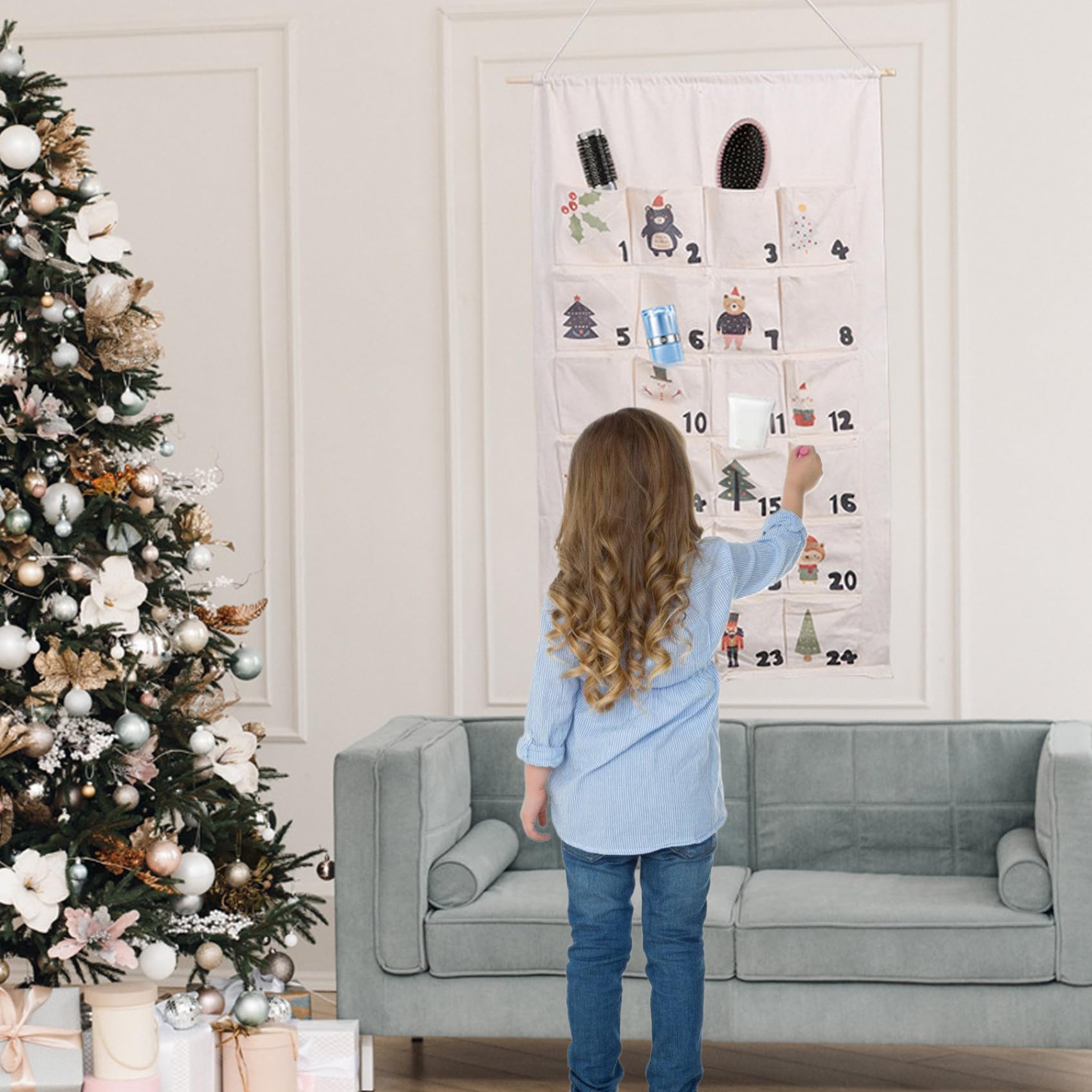 Gcroet Calendario dell'Avvento da Appendere con 24 Tasche. Calendario dell'Avvento di Natale, Organizer Vuoto, riempibile, Portatile, per Decorazioni Natalizie su Porta o Parete..