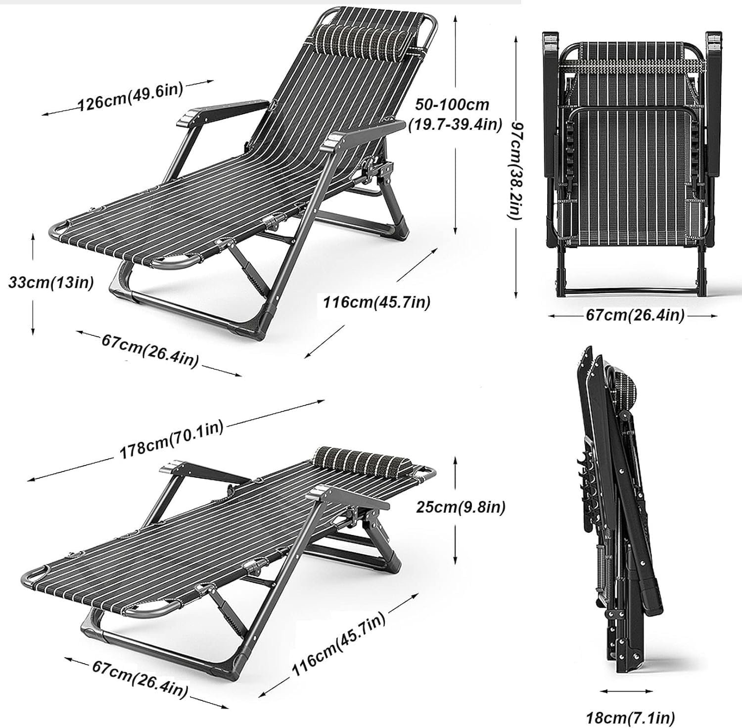 Lawn Recliner Folding Portable Chaise Lounge, Gravity Chair with Detachable Latex Pad, Reclining Patio Lounger(Grey)