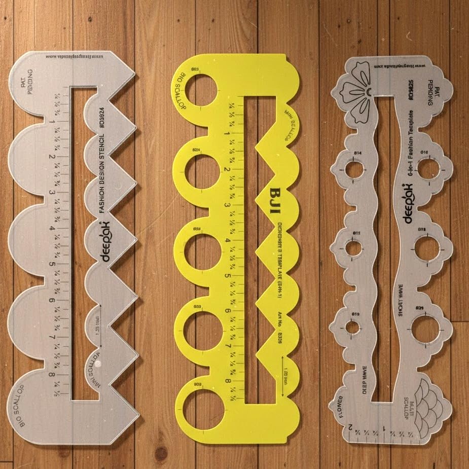 Image of Prabhas Designs Scallop Scale Combos, Design Tool for Scallop, Zig-Zag, Straight, Circles, Flower, Triangle Patterns (Yellow 5in1, 4in1, 6in1 scallop)