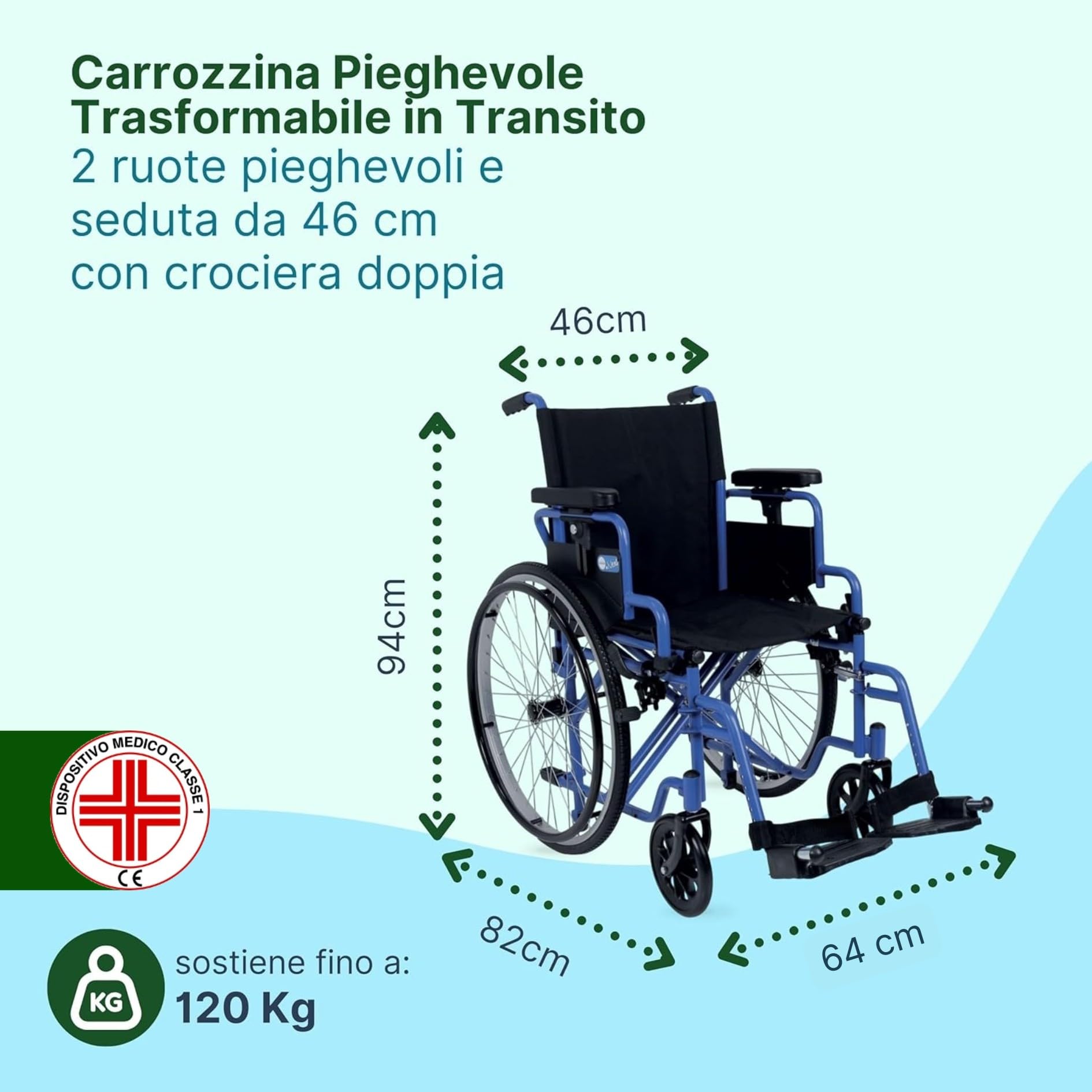 Sedia a Rotelle Pieghevole Leggera ad Autospinta, 46 cm, Blu | Carrozzina per Disabili Trasformabile in Transito, Crociera Doppia, Ruote a Sgancio Rapido, Braccioli Regolabili in Altezza