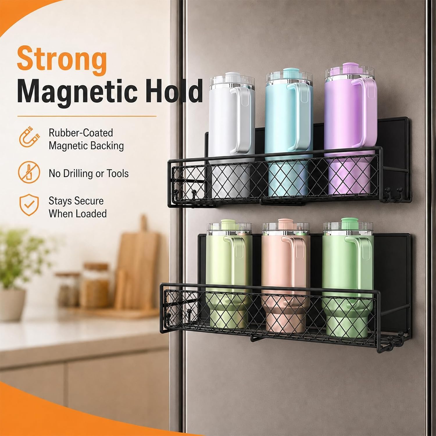 2 Pack Magnetic Cup Holder Heavy Duty, 6 Cup Mesh Water Bottle Storage Organizer with 8 Side Utility Hooks for Stanley Yeti Tumbler Cups, Side of Fridge Rack for Kitchen, Garage, Pantry, RV - Black
