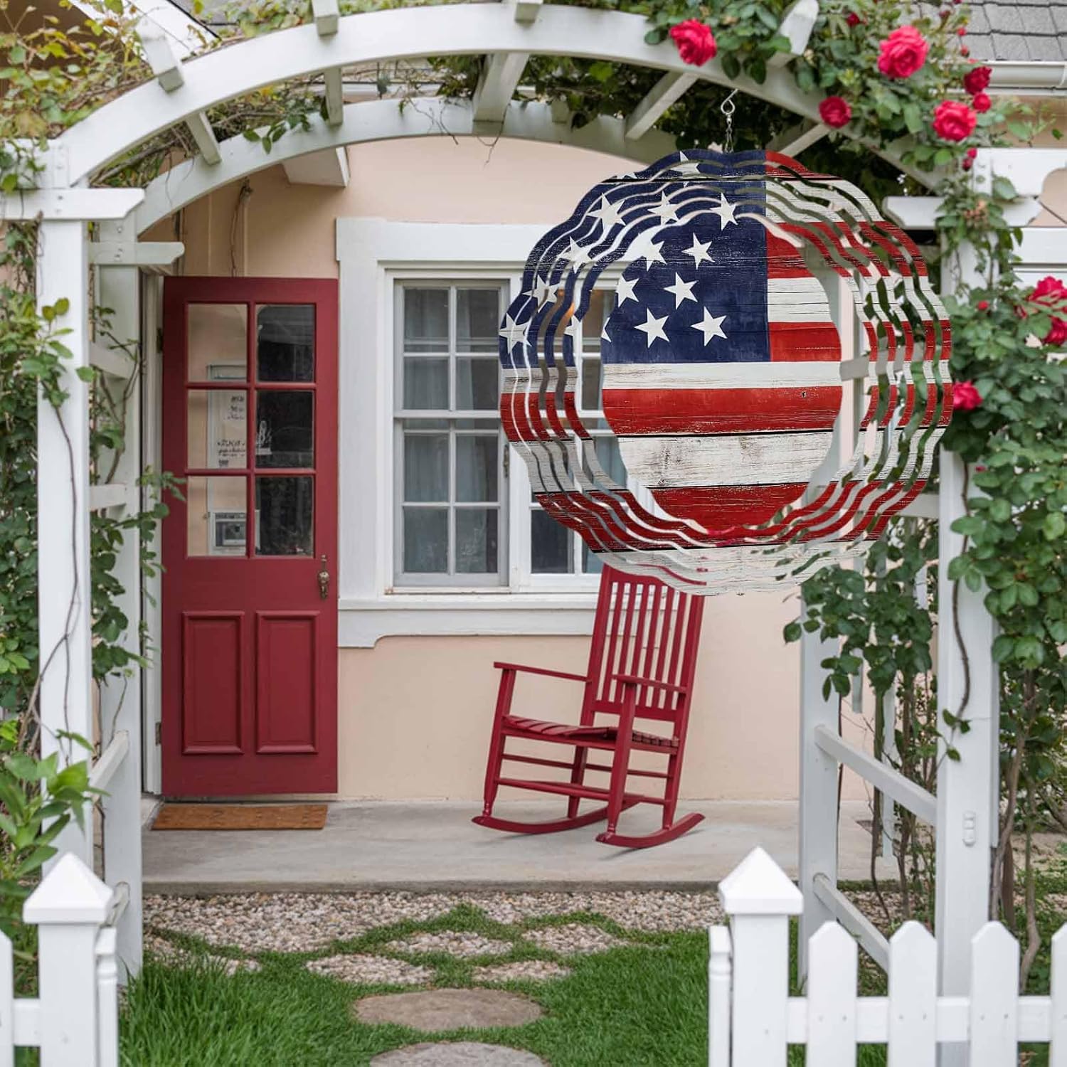 Independence Day USA Flag Wind Spinner for Garden Yard 3D Stainless Steel Hanging Wind Spinners, Patriotic Stripes and Stars Spinners Outdoor Metal Decor for Lawn Patio Home