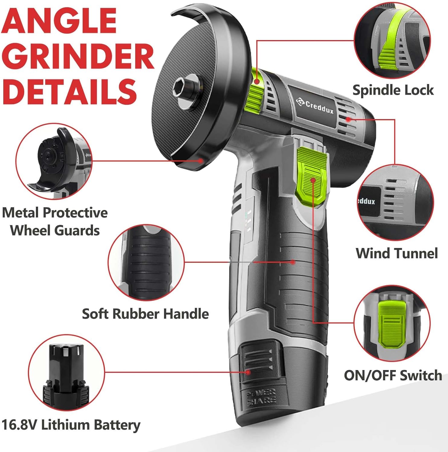 Cordless Angle Grinder, 3 Inch Mini Angle Grinder Tool With 2pcs 16.8V 2000mAh Batteries and 5 Grinding Wheel,19500rpm Metal Grinders for Cutting, Grinding and Polishing Gray
