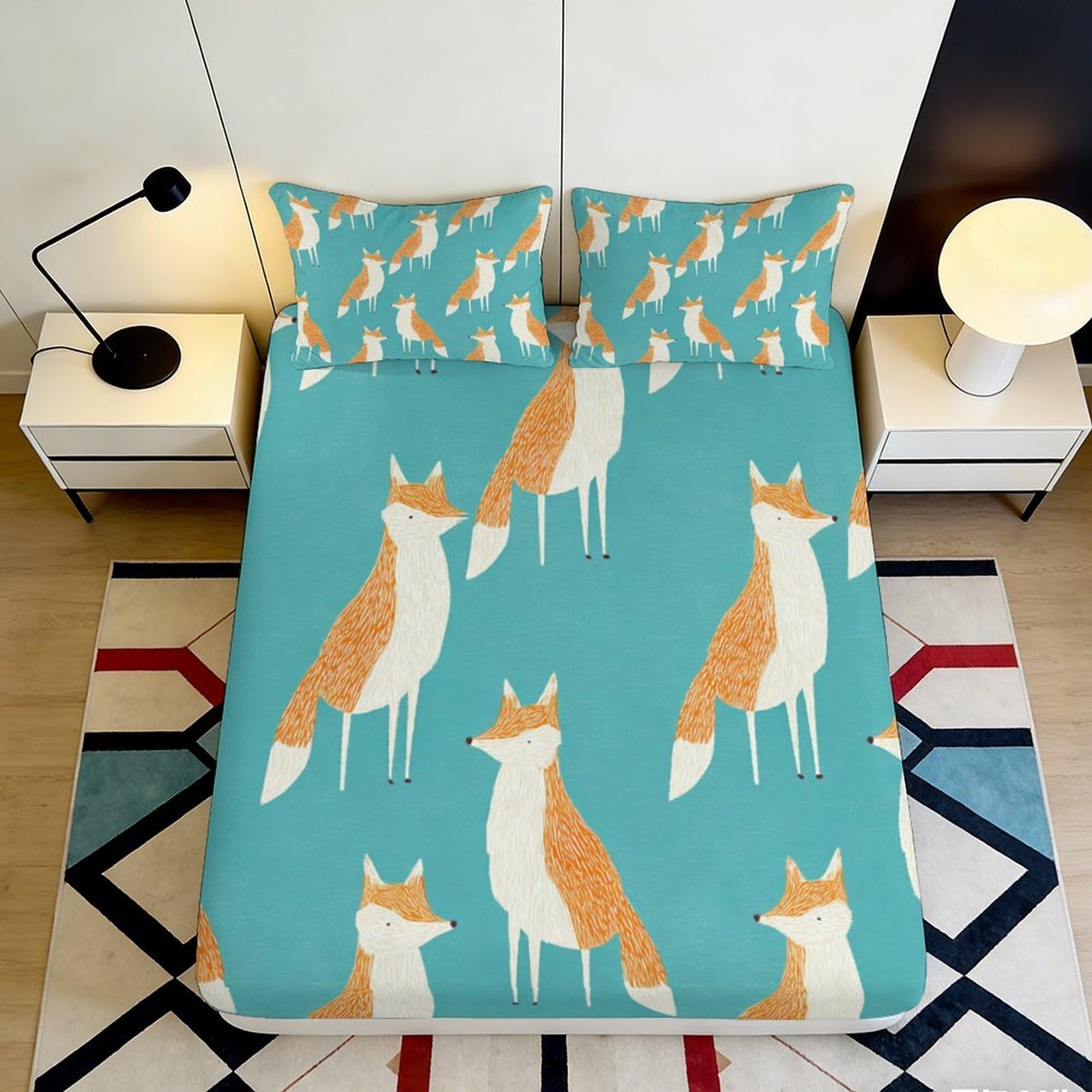 3D Printed Fox Forest Fitted Sheet Microfiber Soft Breathable Orange Foxes Bed Cover for Bedroom Guest Room Mattress Decor 120x200x25cm