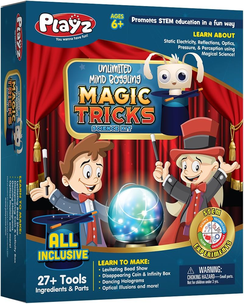 Playz Unlimited Magic Tricks Kit for Kids with Science Experiments to Create Dancing Holograms, Levitating Bead Shows, Disappearing Coin & Infinity Box, & Optical Illusions for Boys & Girls Ages 6-12
