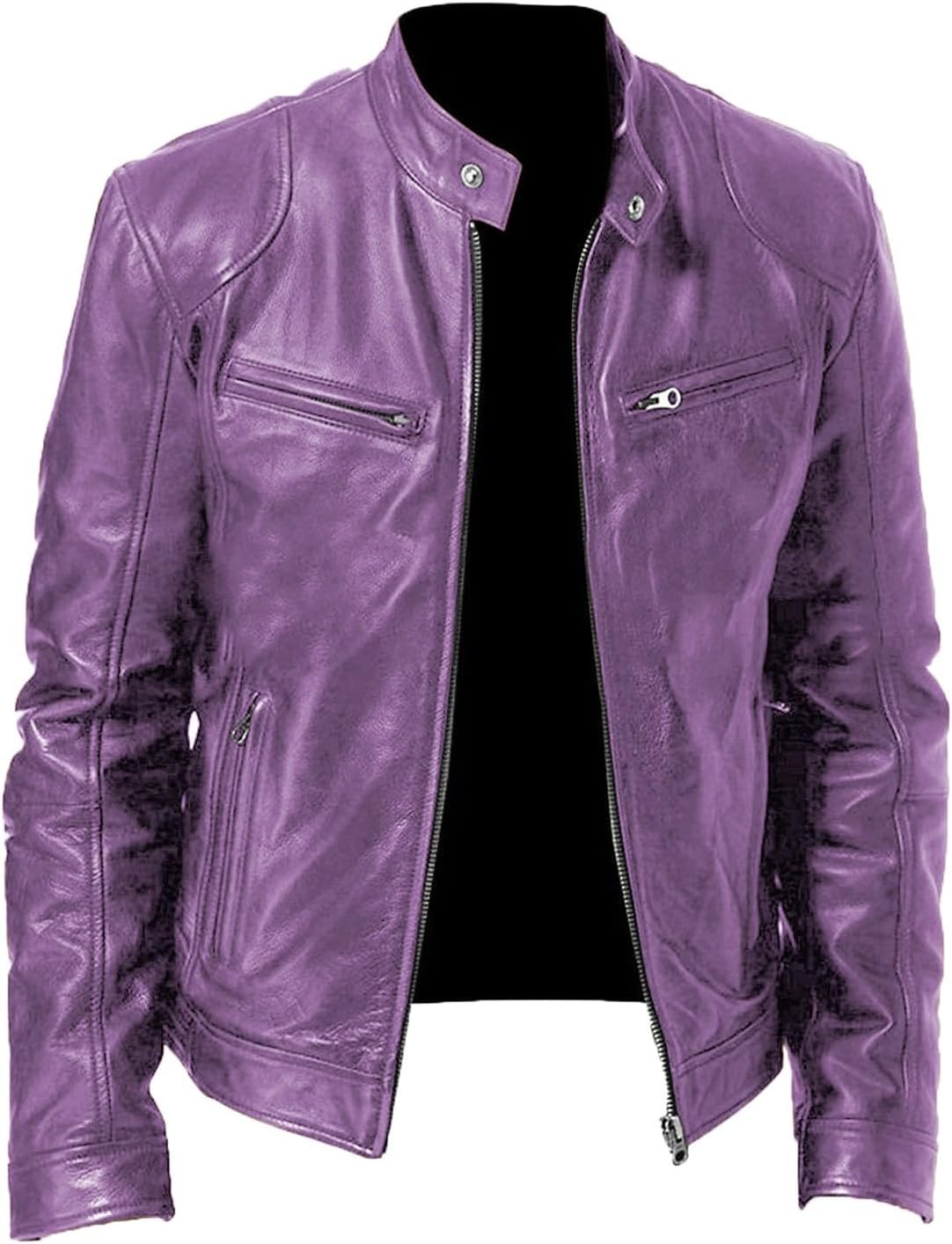Men's Faux Leather Jacket Collar Zip Up Motorcycle PU Jackets Lightweight Outerwear Biker Vintage Coat