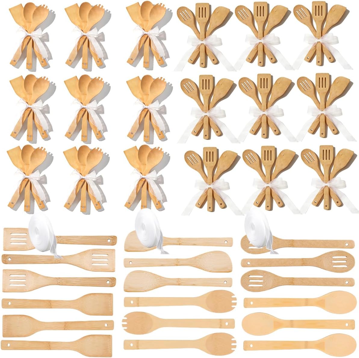 72 Pcs Bamboo Kitchenware Set with 12-inch Natural Wooden Tools, Includes 5 Rolls of Ribbon Ideal for Housewarming Gifts, Baby Shower Presents, and Wedding Party Favors (6 Styles)