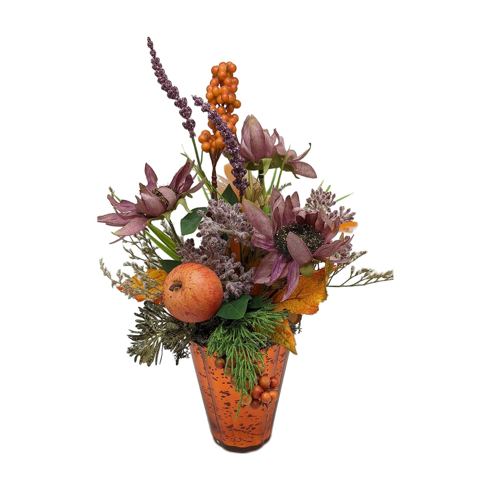 Tischgesteck Herbstgesteck Sonnenblumen Apfel Sanddorn lila orange