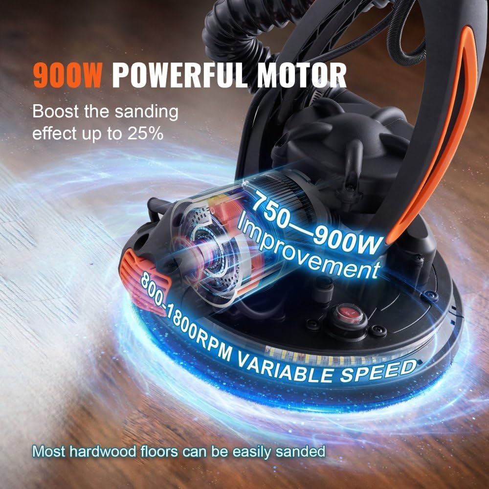 Wall Smoother, 900W Electric Tool with 12 Sanding Discs, 800 to 1800 RPM Speed, 3 Vacuum Hoses, Collapsible for Ceiling Use, Dual LED Lights, Telescoping Handle, and Built-in Dust Collector