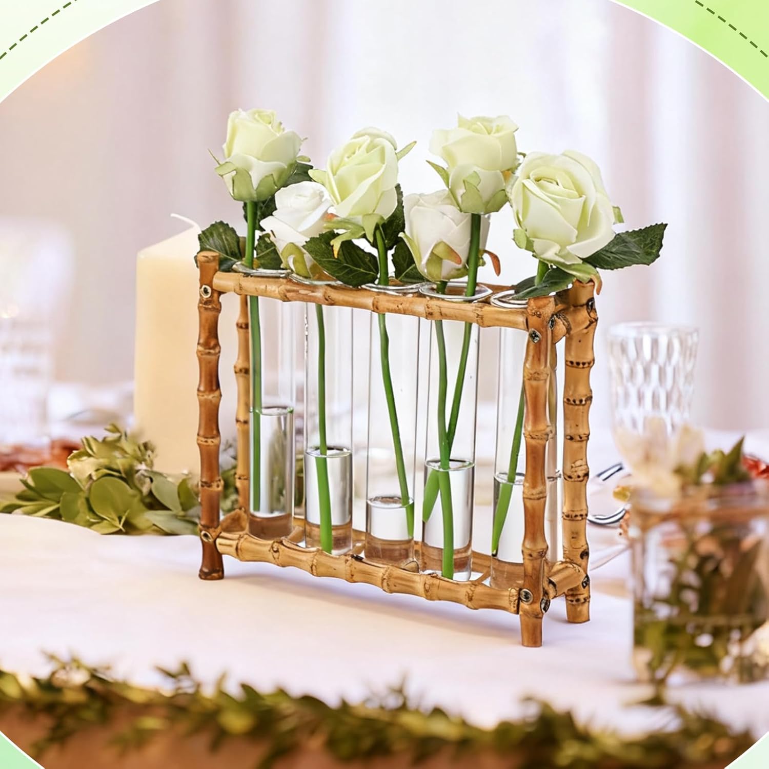 Natural Bamboo Vase with 5 Glass Tubes, Plant Propagation Station with Test Tube, Hydroponic Plants Cutting, Modern Art Decor Floral Display, Rectangular Planter for Home Decor Flower Holder