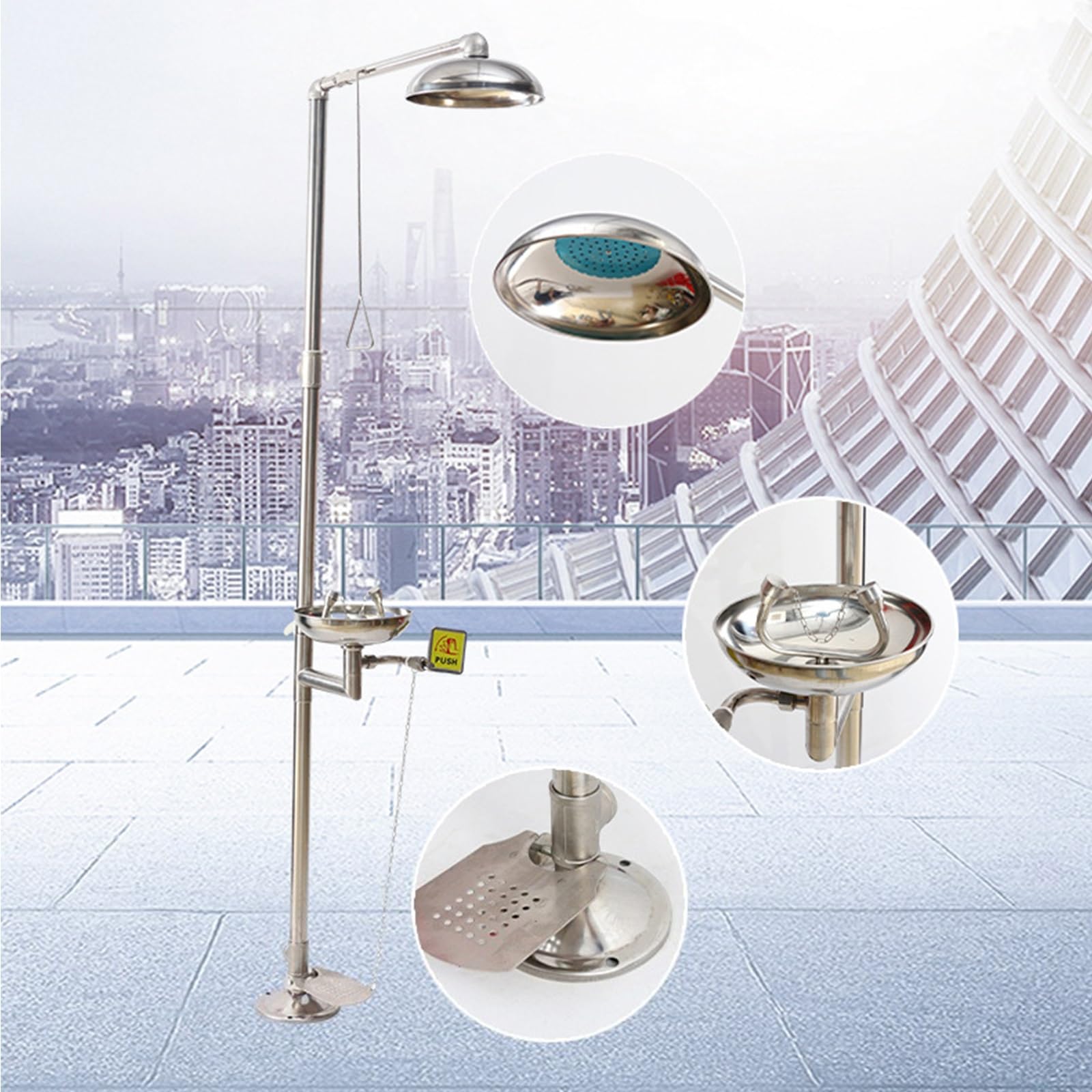 Estación de Ducha lavaojos de Emergencia, lavaojos de Acero Inoxidable 304 con Pedal agrandado, Sistema de Ducha y lavaojos Seguro Integrado para Limpieza de em,Single Inlet