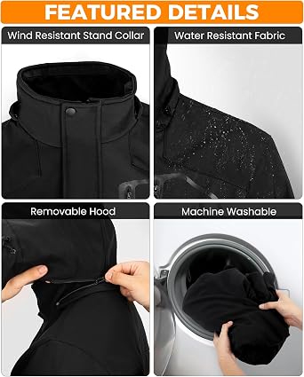 Heated Jacket for Men, 6 Heat Zones Winter Mens Heated Jacket, with Detachable Hood Soft Shell Heating Coat