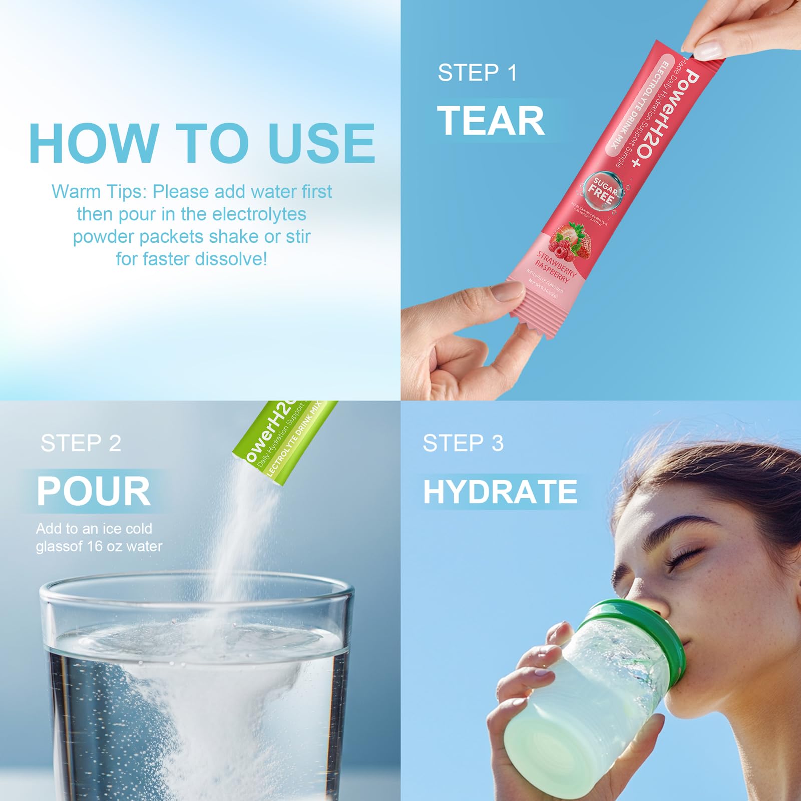 PowerH2O+ 20 Sticks Sugar Free Electrolytes Powder Packets-5 Flavors Liquid Daily IV Hydration Packets,Electrolyte Drink Mix Travel Electrolyte Packet for Rapid Hydration,0 Calorie,0 Sugar — view 6