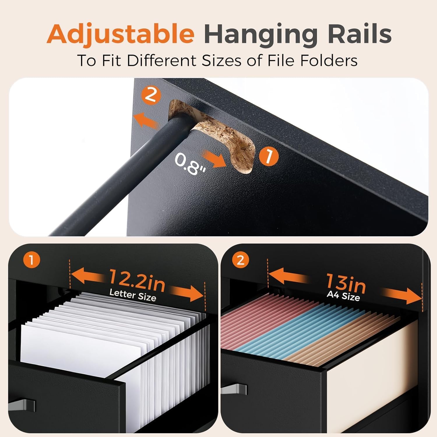 2 Drawer Filing Cabinet, Wood Rolling Filing Cabinets with Printer Stand, Under Desk Storage Lockable Wheels, Home Office Organizer for A4 Letter Legal Size Documents,Black