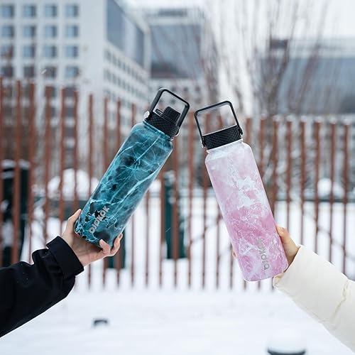 Miniatura 10 de BJPKPK Paquete de 2 botellas de agua aisladas con tapas con pajilla, botella de agua de metal de acero inoxidable de 22 onzas con 6 tapas, termo a